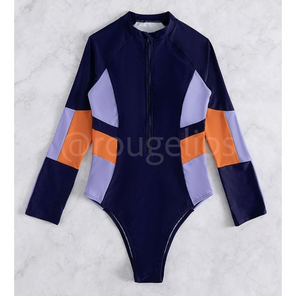 Colorblock Navy, Light Blue and Orange One Piece Swimsuit Zipper Long Sleeve - Picture 6 of 10